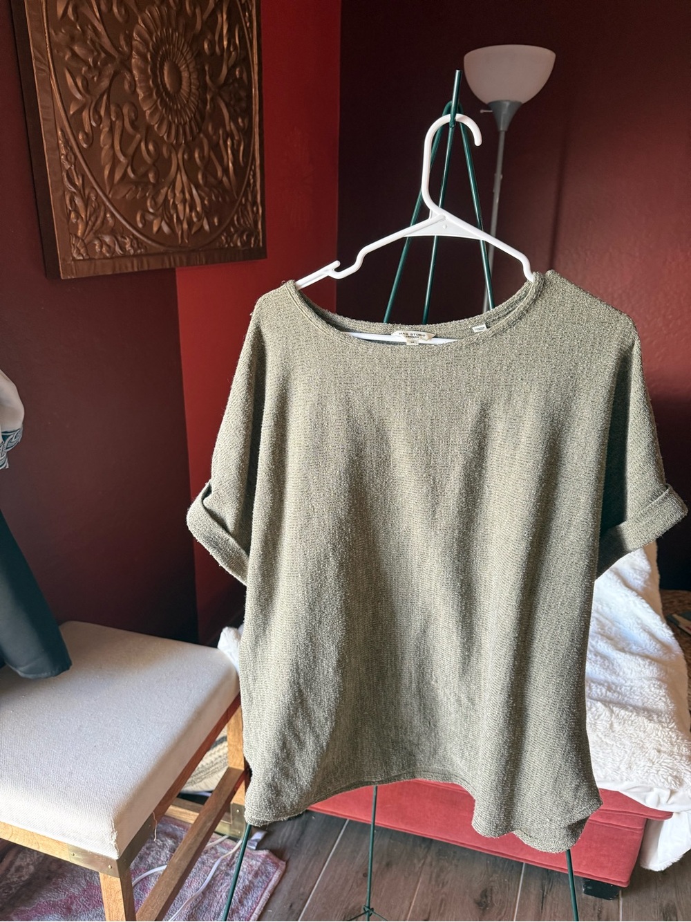 Max Studio Olive Green Textured Crew Neck Sweater